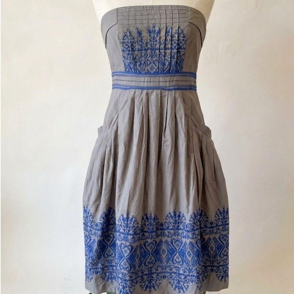 Anthropologie Floreat Gray "Salton Sea" Strapless Embroidered Dress - Size